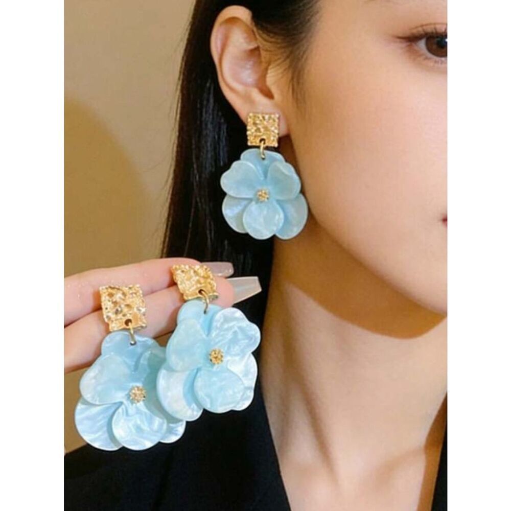 Gold-Accent Light Blue Floral Drop Earrings - Women's Jewelry R403